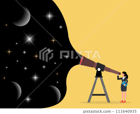 Exploring outer space and looking for planets. Businesswoman looks at the target through binoculars. Exploring outer space and looking for planets. Businesswoman looks at the target through binoculars. 111640935