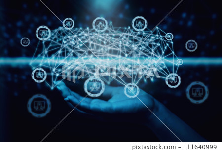 Hand holding virtual data network web internet connections with communication users database 111640999