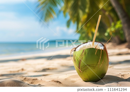 AI-generated content. Tropical coconut juice, water, cocktail with bamboo drinking straw on sunny beach and palm minimal. Cold summer refreshment beverage for enjoy. Close up. Copy space. 111641294