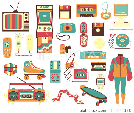 Vector illustration in 90s style. A large selection of items reflecting the spirit of the 90s, in retro colors. Vector illustration in 90s style. A large selection of items reflecting the spirit of the 90s, in retro colors. 111641338
