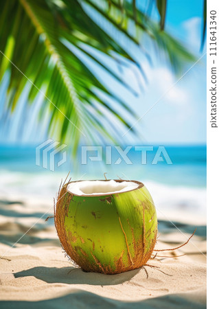 AI-generated content. Tropical coconut juice, water, cocktail with bamboo drinking straw on sunny beach and palm minimal. Cold summer refreshment beverage for enjoy. Close up. Copy space. 111641340