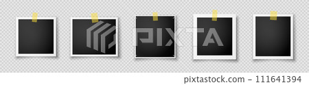 A set of five retro photo frames with black inserts and sticky tapes on a white background. A set of five retro photo frames with black inserts and sticky tapes on a white background. 111641394