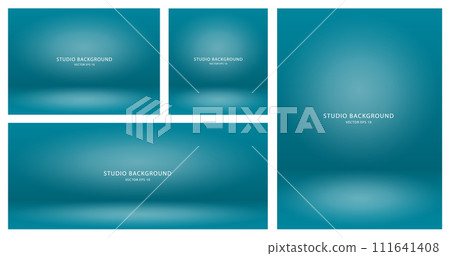A large set of empty blue studio backgrounds. A collection of empty studio rooms for a photo shoot or presentation. 111641408