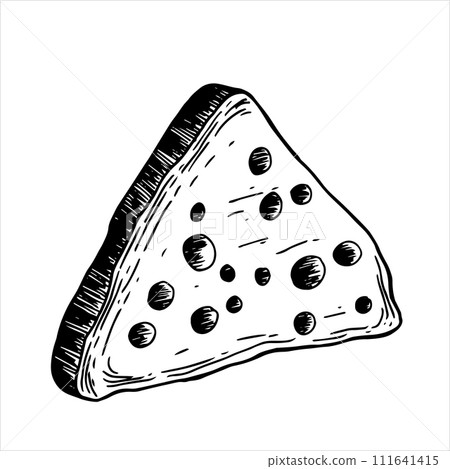 piece of cheese, black and white illustration in sketch style, engraving. vintage drawing, farm product 111641415