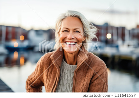 Cheerful Middle-Aged Model on Blurred Landscape Background - Generative AI 111641557