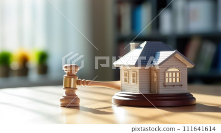 Legal Proceedings in Housing: Judge's Gavel and Miniature Model House - Generative AI 111641614