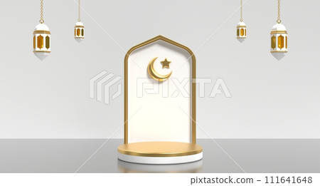 Luxury ramadan 3d podium decoration with lantern and mosque ornament. Islamic display podium decoration. Concept of islamic celebration. 3D rendering Luxury ramadan 3d podium decoration with lantern and mosque ornament. Islamic display podium decoration. Concept of islamic celebration. 3D rendering 111641648