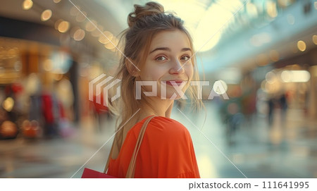 A beautiful young woman in red dress with a bright shopping bag stands and looks smiling at the camera 111641995