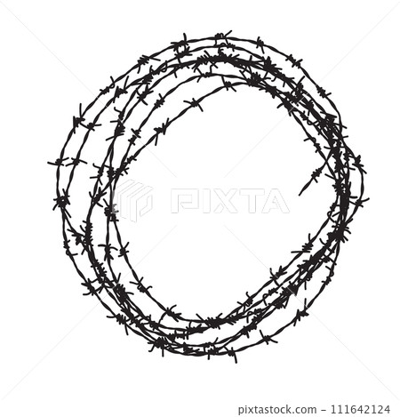Barb wire circle vector fence frame. Barbed round wire ring prison logo 111642124