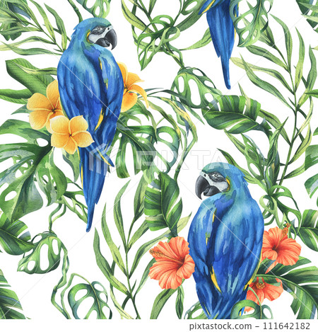 Tropical palm leaves, monstera and flowers of plumeria, hibiscus, bright juicy with blue-yellow macaw parrot. Hand drawn watercolor botanical illustration. Seamless pattern on the white background 111642182