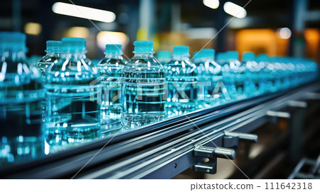 Production Conveyor Belt with Bottles of Clear Drinking Water - Generative AI Production Conveyor Belt with Bottles of Clear Drinking Water - Generative AI 111642318