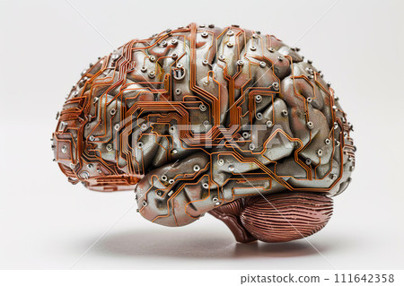 Cybernetic brain model with electronic circuits. Generative AI. Cybernetic brain model with electronic circuits. Generative AI. 111642358