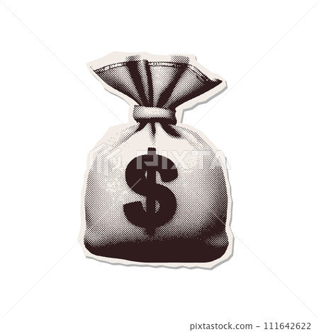 Cash Banking currency bag with dollar sign. Halftone dolled pattern. Money bag torn paper sticker. Vintage Vector illustration. Cash Banking currency bag with dollar sign. Halftone dolled pattern. Money bag torn paper sticker. Vintage Vector illustration. 111642622