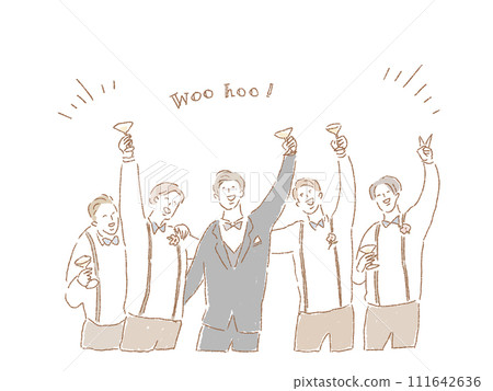 Groom surrounded by usher and groomsmen 111642636