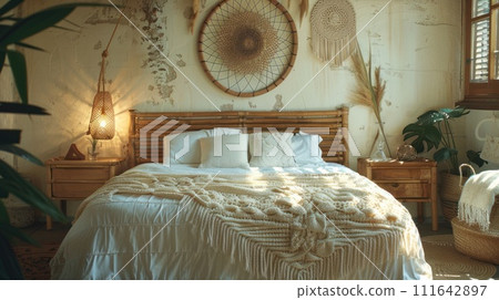 A wicker dreamcatcher hangs over a wooden bed with a white crocheted bedspread in boho style 111642897