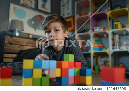 An eight-year-old boy assembles a house from multi-colored cubes while sitting on a wooden floor 111642898