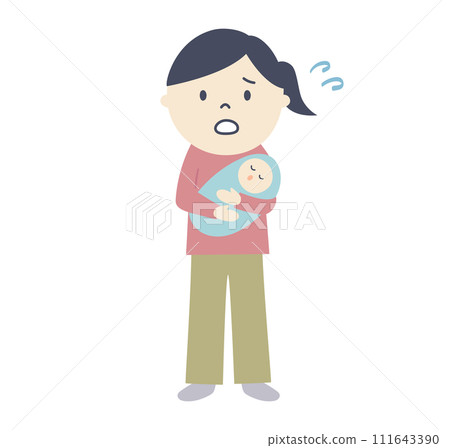 Illustration of a housewife anxious while holding a baby 111643390
