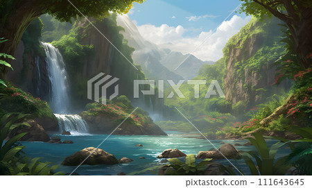 Beautiful tropical waterfall and quiet river No.027 AI generated image Beautiful tropical waterfall and quiet river No.027 AI generated image 111643645