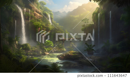 Beautiful tropical waterfall and quiet river No.024 AI generated image Beautiful tropical waterfall and quiet river No.024 AI generated image 111643647