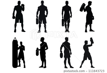 Boxer with Punching Bag vector, silhouettes of boxing Boxer with Punching Bag vector, silhouettes of boxing 111643723