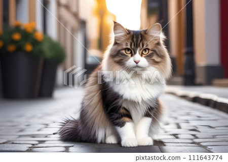 Cat Sitting on Brick Sidewalk 111643774