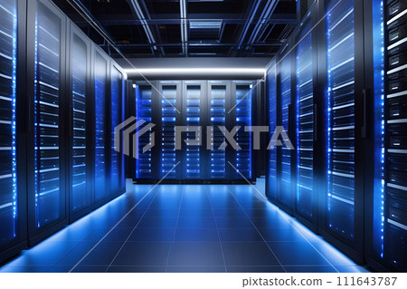 Rows of Servers in a Data Center With Blue Lights Rows of Servers in a Data Center With Blue Lights 111643787