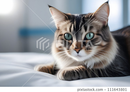 Close Up of a Cat Laying on a Bed 111643801