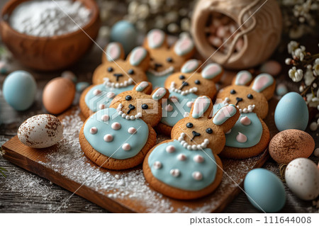 Cookies Crowned with Frosting, Side by Side with Spring's Speckled Eggs, Nibbles of Easter 111644008