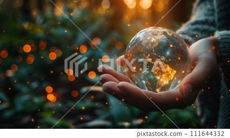 AI-generated content. Global communication network concept with an environment icon on a green background. Green technology and environmental technology. 111644332