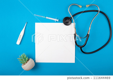 Mocup medicine on a blue background. phonendoscope, medical supplies. flat lay empty white space for text. Advertising, design, post. Green artificial plant succulent Mocup medicine on a blue background. phonendoscope, medical supplies. flat lay empty white space for text. Advertising, design, post. Green artificial plant succulent 111644469