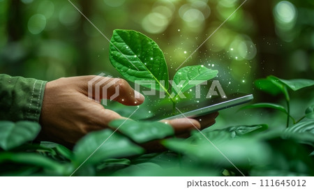 AI-generated content. Green Leaf Arrow Background with Businessman Working on Tablet. ESG Concepts. Environmental, Social and Corporate Governance. Businessman working on tablet. Sustainable Resources 111645012