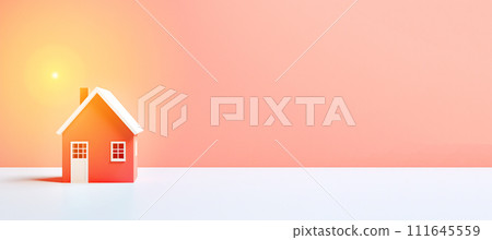 AI-generated content. Cartoonn red house. Real estate or loan concept. Banner for design with copy space. Sunny flare. AI generation 111645559