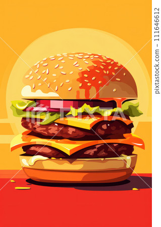 AI-generated content. Delicious Burger: Tasty Meat and Cheese on Toasted Bun, a Mouthwatering Illustration with Fresh Lettuce and Tomato on a Retro Cartoon Background 111646612
