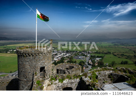 Harlech Castle And View Over Landscape With City Harlech In Gwynedd, North Wales, United Kingdom 111646623