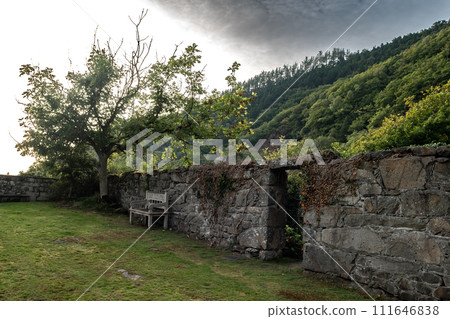 Stone Wall With Open Door And Wodden Bench At Old Cottage In Snowdonia Nationalpark In Wales, United Kingdom 111646838