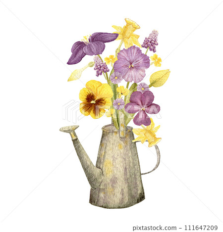 garden flowers in a watering can, drawn in watercolor for cards, textiles, design 111647209