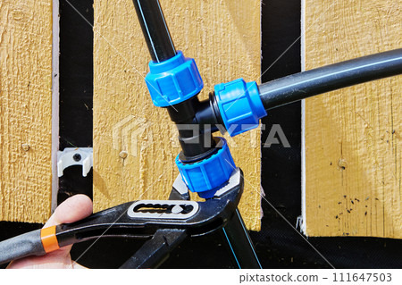 Using water pipe pliers to tighten clamp nut of compression tee fitting when installing outdoor drinking and irrigation water supply from HDPE pipes in rural areas. Using water pipe pliers to tighten clamp nut of compression tee fitting when installing outdoor drinking and irrigation water supply from HDPE pipes in rural areas. 111647503