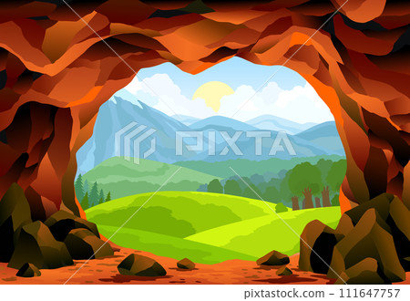 Cave landscape. Summer nature scene of cave entrance. Prehistoric dungeon, rock cavern game illustration. Vector illustration of tunnel in mountain or mine in rocks 111647757