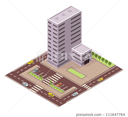 Isometric offices or business center. Town apartment building city map creation with street and cars. Infographic elements. City house composition with roads 111647764