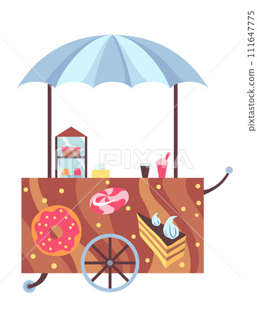 Street fast food stall, truck sale. Mobile food cart. Pizza, hamburger orhot dog fast food street shop. Vector illustration on white Street fast food stall, truck sale. Mobile food cart. Pizza, hamburger orhot dog fast food street shop. Vector illustration on white 111647775