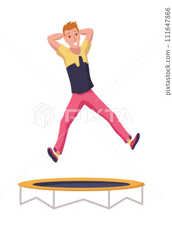 Kids jumping on trampoline icon. Child activities design element. Indoor or outdoor fun, fitness jumping. Equipment acrobatic and gymnastic exercises. Vector illustration 111647866