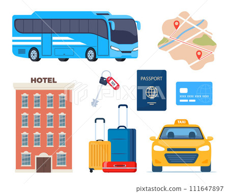 Adventure tourism, travel abroad, summer vacation trip decorative design elements. Set of travel icons. Transport, hotel, baggage, airport. cocktail, palm. Vector illustration. 111647897