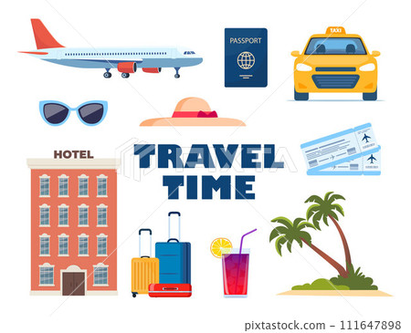 Adventure tourism, travel abroad, summer vacation trip decorative design elements. Set of travel icons. Transport, hotel, baggage, airport. cocktail, palm. Vector illustration. 111647898
