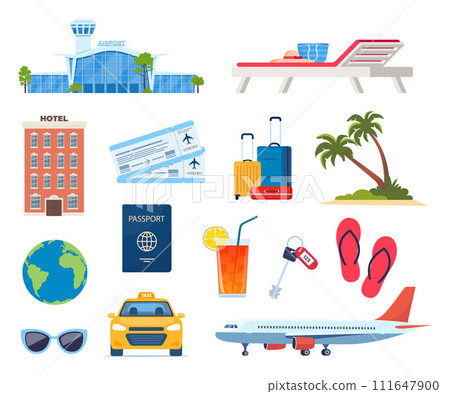 Adventure tourism, travel abroad, summer vacation trip decorative design elements. Set of travel icons. Transport, hotel, baggage, airport. cocktail, palm. Vector illustration. Adventure tourism, travel abroad, summer vacation trip decorative design elements. Set of travel icons. Transport, hotel, baggage, airport. cocktail, palm. Vector illustration. 111647900