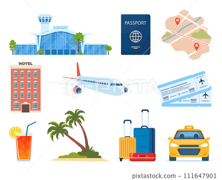 Adventure tourism, travel abroad, summer vacation trip decorative design elements. Set of travel icons. Transport, hotel, baggage, airport. cocktail, palm. Vector illustration. Adventure tourism, travel abroad, summer vacation trip decorative design elements. Set of travel icons. Transport, hotel, baggage, airport. cocktail, palm. Vector illustration. 111647901