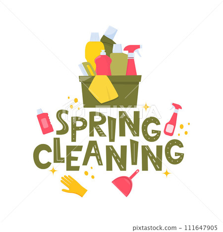 Spring Cleaning Lettering, home cleanup tools and flowers. Spring Cleaning for card, advertising, social media, flyer, poster, banner. Vector illustration. Spring Cleaning Lettering, home cleanup tools and flowers. Spring Cleaning for card, advertising, social media, flyer, poster, banner. Vector illustration. 111647905