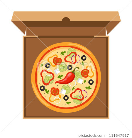 Fresh round pizza with tomato, cheese, olive, pepper, onion, basil. Traditional Italian fast food. Top view meal in an open cardboard box. Vector illustration. 111647917
