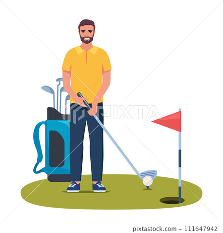 Golf player isolated. Young Man in Uniform Playing Golf on Course with Green Grass. Man holding golf club and preparing to hit the ball. Vector Illustration. 111647942