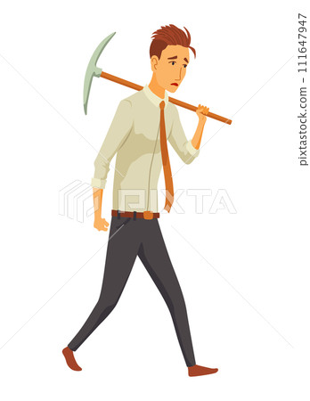 Businessman fail. Man use pickaxe to dig caves in search valuable treasures. Career development and motivation to achieve great goals concept Businessman fail. Man use pickaxe to dig caves in search valuable treasures. Career development and motivation to achieve great goals concept 111647947