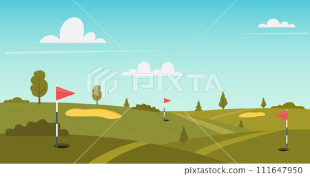 Golf course nature landscape, green grass, pole flag, hole for ball and trees under blue sky with bright sun shining. Place for tranquil recreational sport, Cartoon background, vector illustration Golf course nature landscape, green grass, pole flag, hole for ball and trees under blue sky with bright sun shining. Place for tranquil recreational sport, Cartoon background, vector illustration 111647950